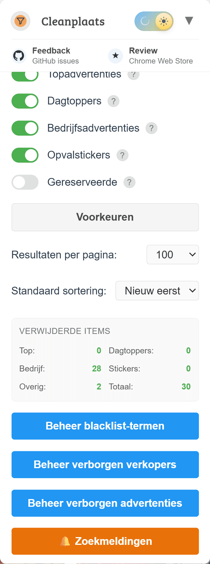 Het Cleanplaats-paneel op Marktplaats met schakelaars voor dagtoppers, bedrijfsadvertenties en opvalstickers.